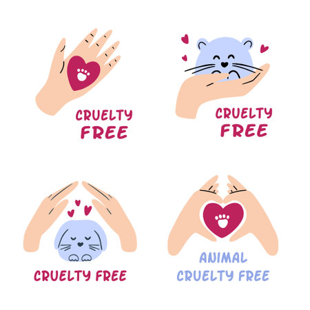 Pack of cruelty free badges. Hand drawn collection of animal testing ban labels. Not tested on animals, vegan cosmetic concept. Vector illustrationのイラスト素材