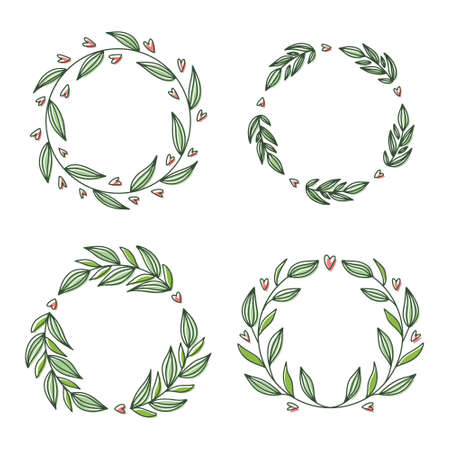 Floral wreath collection, hand drawn vector illustration isolated on white. Decorative round frames with flowers and leaves, ink sketch for wedding event invitationsのイラスト素材