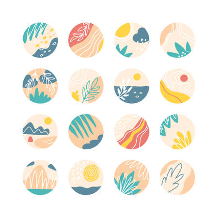 Collection of creative social media highlight covers, travel theme. Design stories round icon with floral elements collection. Sea, sun, beach, sand, mountains abstract. Vector illustration.のイラスト素材