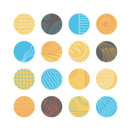 Collection of creative abstract geometric social media highlight covers.Design stories round icon collection.Spots, waves, stripes, spirals, dots, lines, checks and other patterns. Vector illustrationのイラスト素材