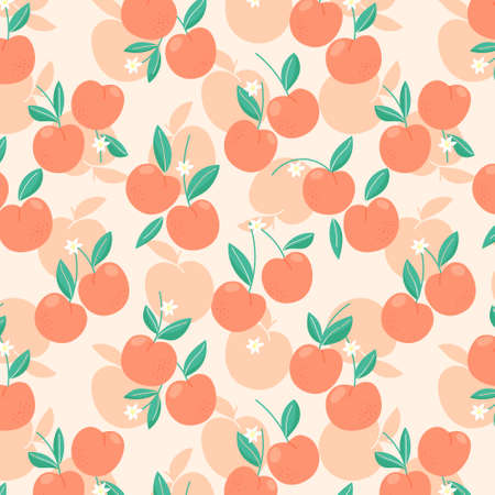 Seamless pattern with peaches or apricots, leaves and flowers. Trendy handdrawn organic flat style....