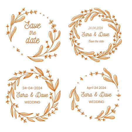 Save the date wedding monogram flower wreath collection, hand drawn vector illustration. Set of round floral frames, handdrawn for marriage ceremony invitationのイラスト素材