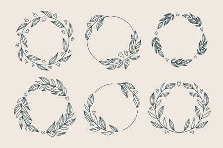 Floral wreath collection, hand drawn vector illustration isolated on white. Decorative round frames with flowers and leaves, ink sketch for wedding event invitationsのイラスト素材