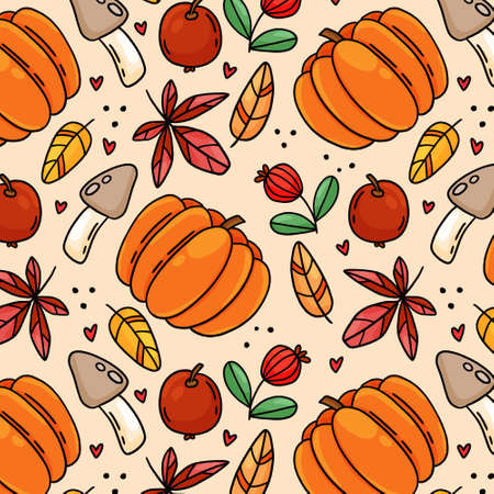 Autumn seamless pattern with mushrooms and leaves. hand drawn cartoon style vector illustrationのイラスト素材