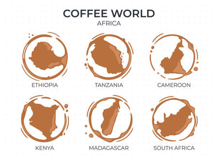 Collection of coffee cup round stains shaped like a coffee origin countries, producers and exporters from Africa. Vector drops and splashes on white.のイラスト素材