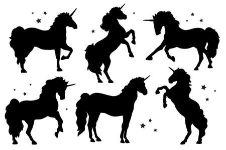 Flat design collection of unicorn silhouette. Magic creature contour set. vector illustrationのイラスト素材