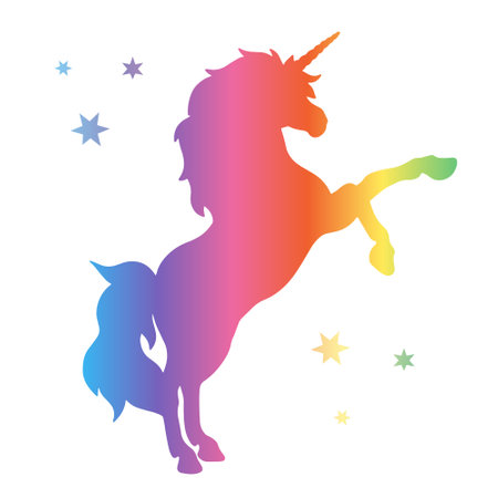 Unicorn silhouette, flat plain design with rainbow gradient color. Magic creature contour. Vector illustration isolated on whiteのイラスト素材