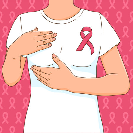 breast cancer awareness month. Woman wearing pink ribbon and covering her breast. Support or proud survivor concept. Vector illustration realistic style.のイラスト素材