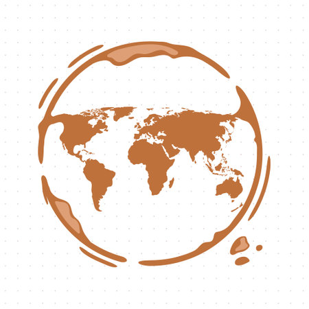 Coffee mug round stain with world map inside. Dripped coffee in shape of continents. vector illustrationのイラスト素材