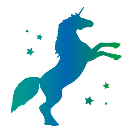 Unicorn silhouette, flat plain design with rainbow gradient color. Magic creature contour. Vector illustration isolated on whiteのイラスト素材
