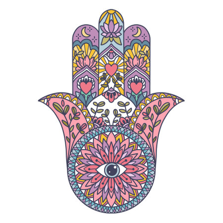 Fatima Hand colored Indian symbol. Khamsa, sacred eastern sign, good luck charm. Hamsa with all...