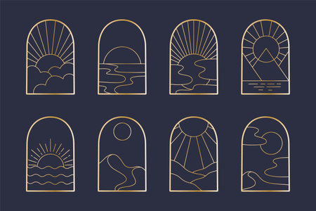 Abstract design nature landscape logo template with mountains, sun and water, window view. Modern bohemian minimal linear badge, emblem set for social media, rentals, travel services.のイラスト素材