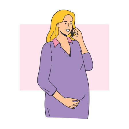 Pregnant woman talking on the phone. Young female chats with someone using mobile phone. Vector illustration, modern simple line style, isolated on whiteのイラスト素材
