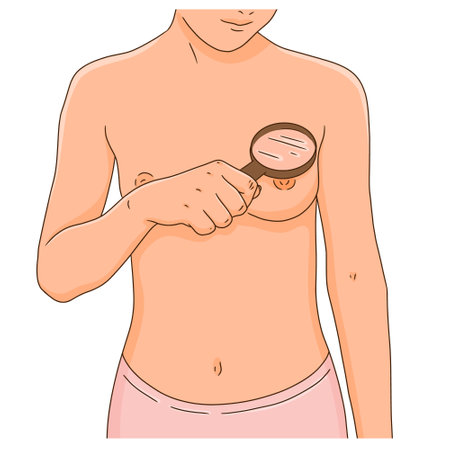 Woman performing monthly self exam for breast cancer with magnifying glass. Self diagnostic concept. Part of female torso. Vector illustration, realistic style.のイラスト素材