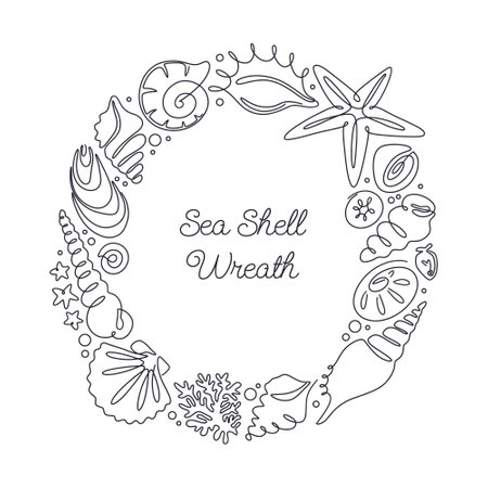 Monochrome seashells wreath, one line with endless infinite contour doodle drawing. Frame of abstract shapes of ocean shells isolated on white. Vector illustration simple modern styleのイラスト素材