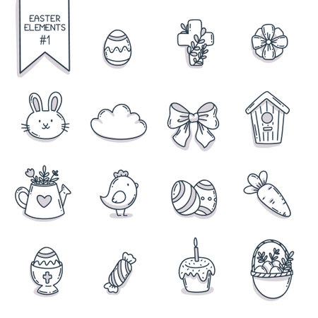 Set of cute Easter Day elements, cute cartoon hand drawn doodle simple style. Vector illustrationのイラスト素材