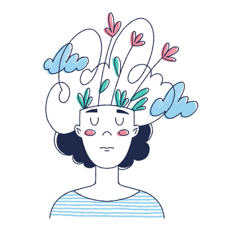 Dream, imagination, fantasy, creativity concept. Daydreaming girl thinking of her wishes and future. Abstract simple modern outline style. Vector illustrationのイラスト素材