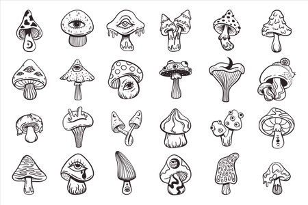 Trippy psychedelic mushroom set, cute doodle sketch hand drawn style, black and white graphic, vector illustrationのイラスト素材