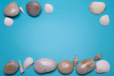 Sea shells and small stones on the blue background, with free space for text.