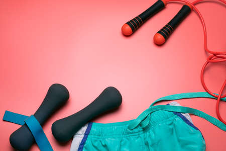 Sport background with fitness accessories. Free space for text.の写真素材