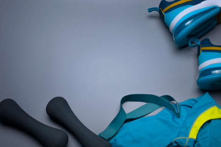Sport background with fitness accessories. Free space for text.の写真素材