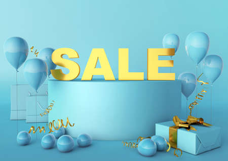 Sale banner. 3d rendered illustration. Sale poster with cute balloons, podium, shopping bags and gift on the blue background.の写真素材