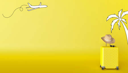 Yellow suitcase with sun glasses and hat on the yellow background. Free space for text. 3D rendering illustration. Holiday, vacation concept.の写真素材