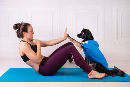 Sport with a dog. Attractive girl working out on the blue fitness mat with her dog. Athletic woman doing exercise. Strength and motivation, sport and healthy lifestyle. Female fitness.の写真素材
