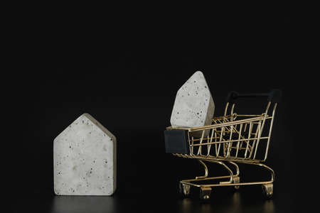Buy or rent, choice. House model in mini shopping cart on the black background. Buy a house. Concept for property ladder, mortgage and real estate investment. Free space for text, copy space, modern layout. close up.の写真素材