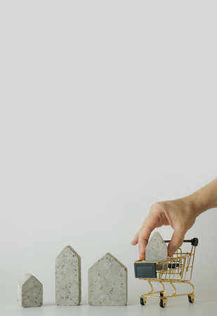 House model in mini shopping cart on the white background. Buy a house. Concept for property ladder, mortgage and real estate investment. Free space for text, copy space, modern layout.の写真素材