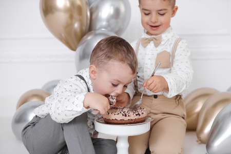 Two boys celebrating birthday, children have a B-day party. Birthday cake with candles and balloons. Happy kids eating cake, celebration, white minimalist interior.の写真素材
