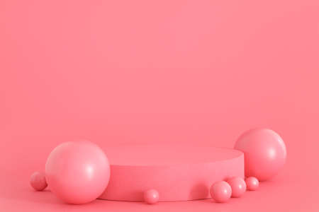 Pink podium on the pink background. Podium for product, cosmetic presentation. Creative mock up. Pedestal or platform for beauty products.の写真素材