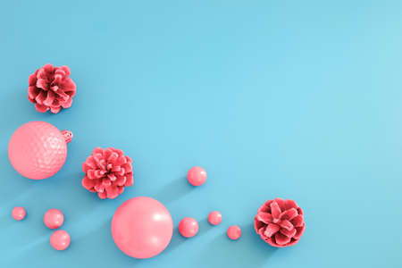 Pink Christmas composition on the blue background. Trendy Xmas background, mockup. Modern design. Free space for text, copy space. Flat lay, top view.の写真素材