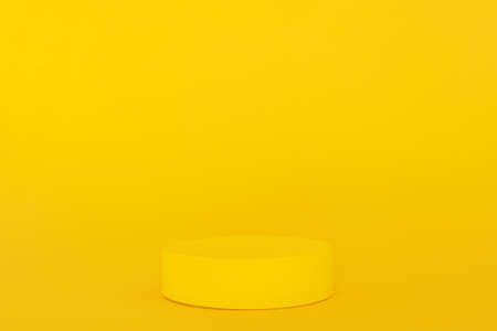 Yellow podium on the yellow background. Podium for product, cosmetic presentation. Creative mock up. Pedestal or platform for beauty products.の写真素材