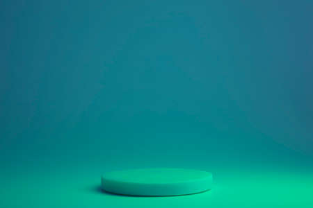 Podium with neon colors for product, cosmetic presentation. Creative mock up in blue and green....