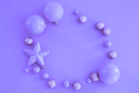 Christmas composition in Color of the Year 2022, Very Peri. Trendy Xmas background, mockup. Modern design. Free space for text or logo, copy space. Flat lay, top view.の写真素材