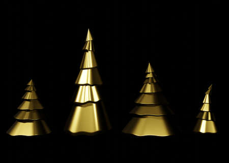 Golden metallic pines, fir trees on black background. Christmas 3D render illustration. New Year cone shape trees. Xmas background, modern design.の写真素材
