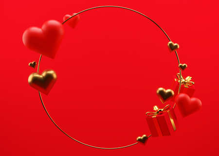 Red Valentines Day background with free space for text, copy space. Postcard, greeting card design with red and golden hearts and gifts. 3D illustration. Love.の写真素材