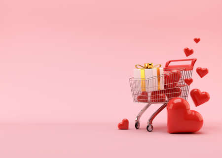 Shopping cart, trolley with gift boxes and hearts on pink background with free space for text, copy space. Valentines Day, sale. 3D illustration.の写真素材