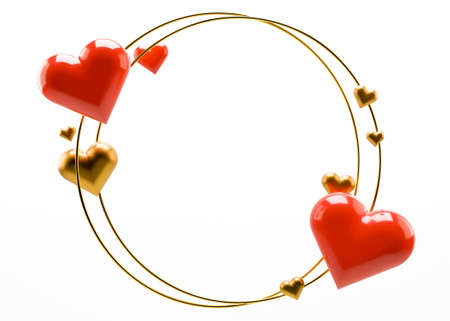 Valentines Day background with free space for text, copy space. Postcard, greeting card design with red and golden hearts. 3D illustration. Love.の写真素材