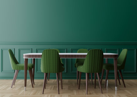 Empty green wall in modern dining room. Mock up interior in classic style. Free space, copy space for your picture, text, or another design. Dinig table with green chairs, parquet floor. 3D rendering.の写真素材