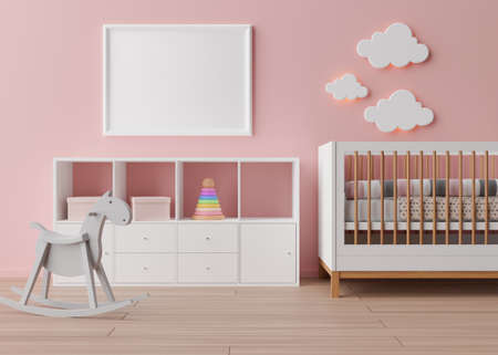 Empty white picture frame on pink wall in modern child room. Mock up interior in scandinavian style. Free, copy space for your picture. Rocking horse, bed, toys. Cozy room for kids. 3D rendering.の写真素材