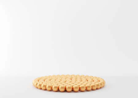 Podium with small golden balls on the white background. Elegant podium for product, cosmetic presentation. Luxury mock up. Pedestal or platform for beauty products. Empty scene. 3D rendering.の写真素材