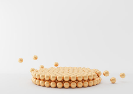 Podium with small golden balls on the white background. Elegant podium for product, cosmetic presentation. Luxury mock up. Pedestal or platform for beauty products. Empty scene. 3D rendering.の写真素材