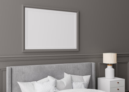 Blank horizontal picture frame on gray wall in bedroom. Mock up poster frame in modern interior....