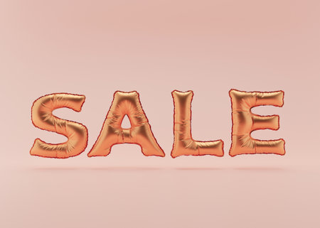 Sale text. Golden foil balloons letters on pink background. Special offer, good price, deal, shopping. Black friday. 3d rendering. Realistic 3d objects design. Copy space.の写真素材