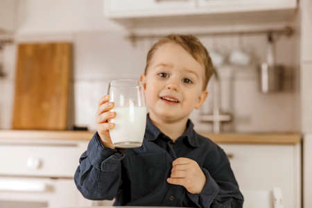Little boy sitting in the kitchen and drinking milk. Fresh milk in glass, dairy healthy drink. Healthcare, source of calcium, lactose. Cosy and modern interior. Preschool child with casual clothing.の写真素材
