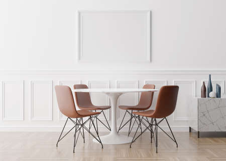 Empty picture frame on white wall in modern dining room. Mock up interior in classic style. Free...