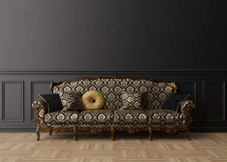 Empty black wall in classic living room. Mock up interior. Free space, copy space for your picture, text, or another design. Beautiful antique, vintage sofa, brown parquet floor. 3D rendering.の写真素材