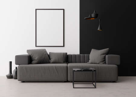 Empty vertical picture frame on white wall in modern living room. Mock up interior in contemporary...